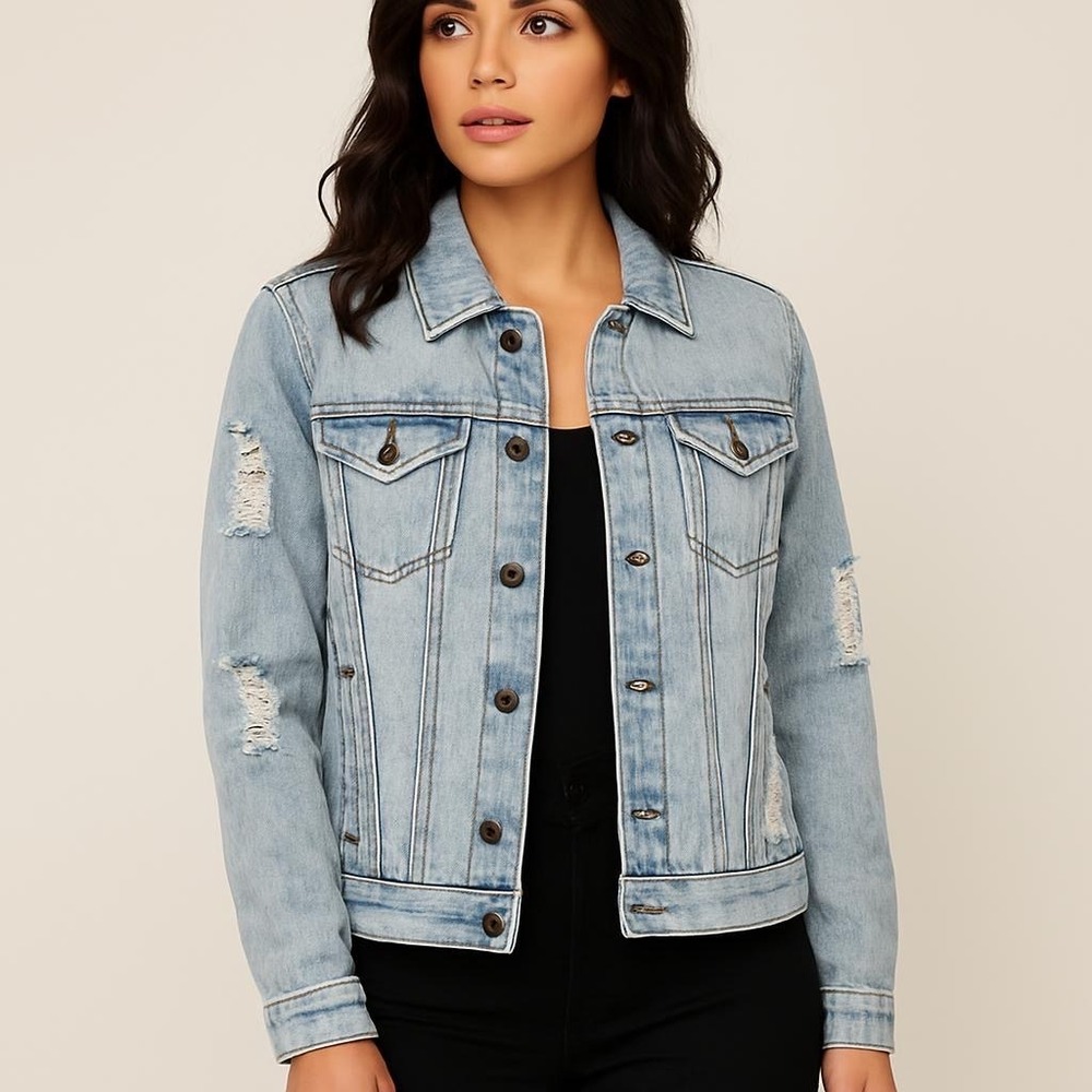 Brooklyn‎ Cloth Womens Distressed Denim Jacket Light Wash Ripped Trucker Small